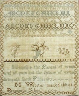 18th c schoolgirl sampler with verse- “M Webster marked at the Bramcote School 1770”, 12” x 10”