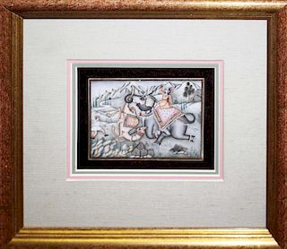 Persian miniature oil painting depicting battle with elephant & camel, 4” x 5”