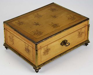 ormolu mounted locking valuables box w/ floral parquetry inlaid decorations, 7.75” x 5.5” x 3.75”