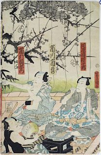 19th c Toyo Kouni (1768- 1825) Japanese ukiyo-e woodblock print, 13.5” x 9.5”