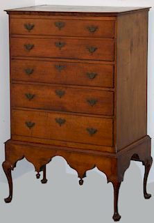 36" Queen Anne maple 5 drawer high chest on frame, brass not original. Base restorations.