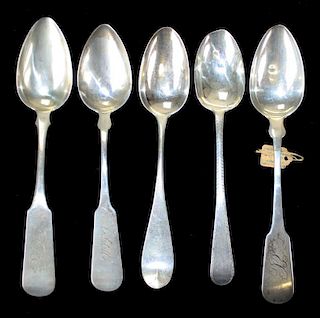 coin silver serving spoons. Hallmarked. 5 pcs.