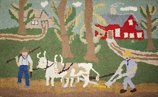 folky mid 20th c hooked rug with team of oxen, farmers, & plow, 25” x 39”