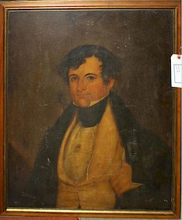 early 19th C New England School portrait of a gentleman with portrait broach 30 x 24"  as found