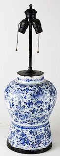 19th c Chinese blue & white jar/ lamp, rim & base chips, blue character marks on base, holed for lam