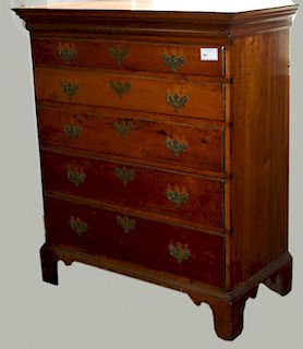 36" Chippendale maple 5 drawer high chest, graduated drawers, original base, brass replaced.