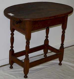 1 drawer oval top tavern table, pine and maple stretcher base. 29½"l.
