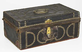 early 19th c hide covered document box with brass tacks, wallpapered interior, 14” x 8” x 6”
