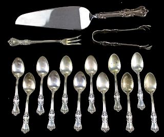 Reed & Barton "Marlborough", pattern No. 1906. Includes 12 demitasse spoons, sugar tongs, pie server