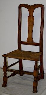Queen Anne maple Spanish foot chairs with carved crest, rush seat, ash over oak stretcher, some red