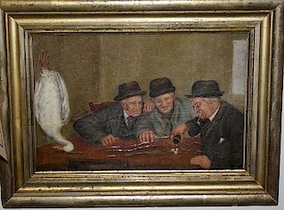 early 20th c genre scene of men playing dice with hanging goose o/b 8 x 12"