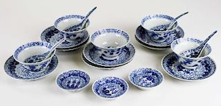 Chinese blue & white rice bowl set with plates & spoons, 20 pcs