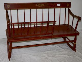 19th c mammy's bench, red painted and stenciled. 47"w.
