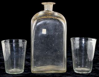 early blown and cut clear Stiegel-type rectangular decanter w/ gold dec and two free blown clear gla