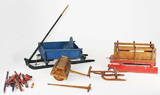 mid 20th c miniature model sleighs, snow roller, eveners, & parts found in 1948 at Mt Washington, NH