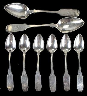 group of American coin silver spoons. 2 8½"l tablespoons by Seymour Hoyt (1817-1865). 6 6"l teaspoon
