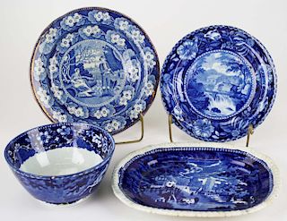 group of four pcs of deep blue Staffordshire and blue transfer dec porcelain; platter w/ quadrapeds,