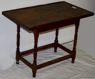 Tavern table with tray top, pine and maple stretcher base. 36" top.