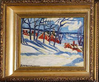 Dorethea A Dreier (American 1870-1923) Winter Farm landscape in gilt frame oil on panel signed lower