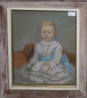 19th c American School pastel of a child holding a flower 26 x 22"