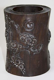 20th c Chinese relief carved wooden vessel with flowers & insects, ht 6”
