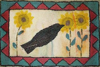 20th c hooked rug with crow & sunflowers, 19” x 27”