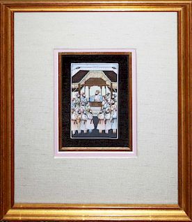 Persian miniature oil painting depicting an assembly of men, 4” x 2.5”