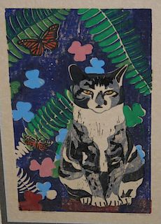 Virginia Parcassi (American 20th c) The Country Cat woodblock print 18 x 11"