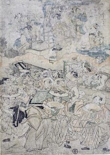 18th c Japanese ukiyo-e woodblock print, 15.5” x 9.75”