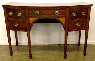 very fine Georgian inlaid mahogany satinwood bow front sideboard, spade feet, center silver drawer f