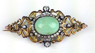 Antique mid 19th c gold openwork brooch having oval prong set hard stone 17mm x 13mm x 10mm with 26
