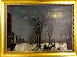 Circa 1850 o/c Salem, Mass winter town sleigh scene under moonlight. Possibly by Mary Jane Derby (Sa