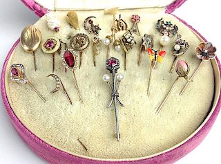 collection of 23 stick pins incl gold, old mine cut diamonds, rubies, pearls, garnets.