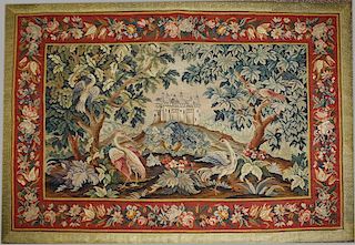19 th c Aubusson wall hanging with petitepoint, gilt metallic thread border, 42” x 59”
