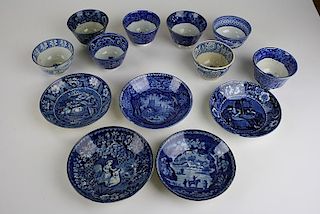 8 deep blue Staffordshire transfer dec porcelain handleless cups and 5 saucers incl. quadrapeds, hun