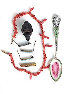 lot of baby items incl. 4 gold pins, cast iron baby face pill masher, red coral baby's fortune neckl