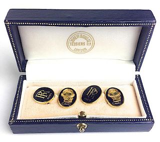 pr of 10k yellow gold and blue enamel cuff links for Conquistadores Del Cielo from Tessier's London.