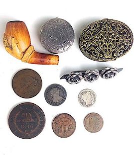 pin box, floral pins, Meerschaum hand pipe, & American coins.