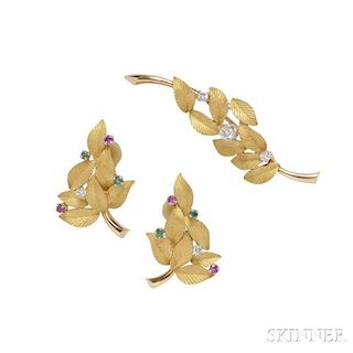 18kt Gold Gem-set Earrings and Brooch,