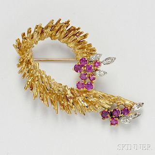 18kt Gold, Ruby, and Diamond Brooch
