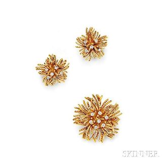 18kt Gold and Diamond Earclips and Brooch, Tiffany & Co.