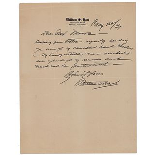 William S. Hart Autograph Letter Signed