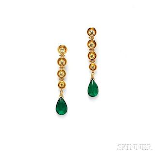 22kt Gold, Emerald, and Colored Diamond Earrings
