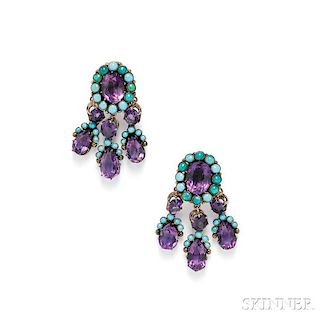 Arts & Crafts Amethyst and Turquoise Earclips, Attributed to Dorrie Nossiter