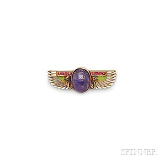 Antique Egyptian Revival Gold, Amethyst Scarab, and Enamel Brooch