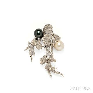 18kt White Gold, Imitation Pearl, South Sea Pearl, and Diamond Brooch