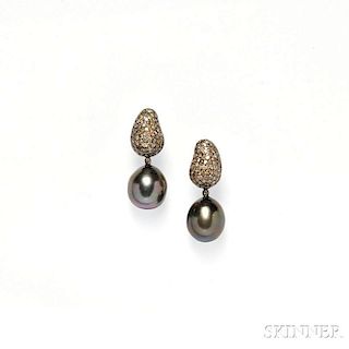 18kt Gold, Colored Diamond, and Tahitian Pearl Day/Night Earpendants