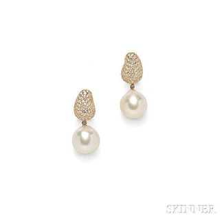 18kt Gold, South Sea Pearl, and Diamond Day/Night Earrings