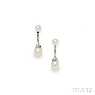 18kt White Gold, Cultured Pearl, and Diamond Earrings