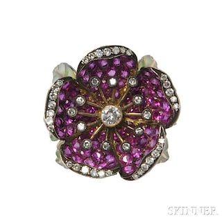 18kt Gold, Ruby, Diamond, and Plique-a-Jour Enamel Flower Ring, Moira